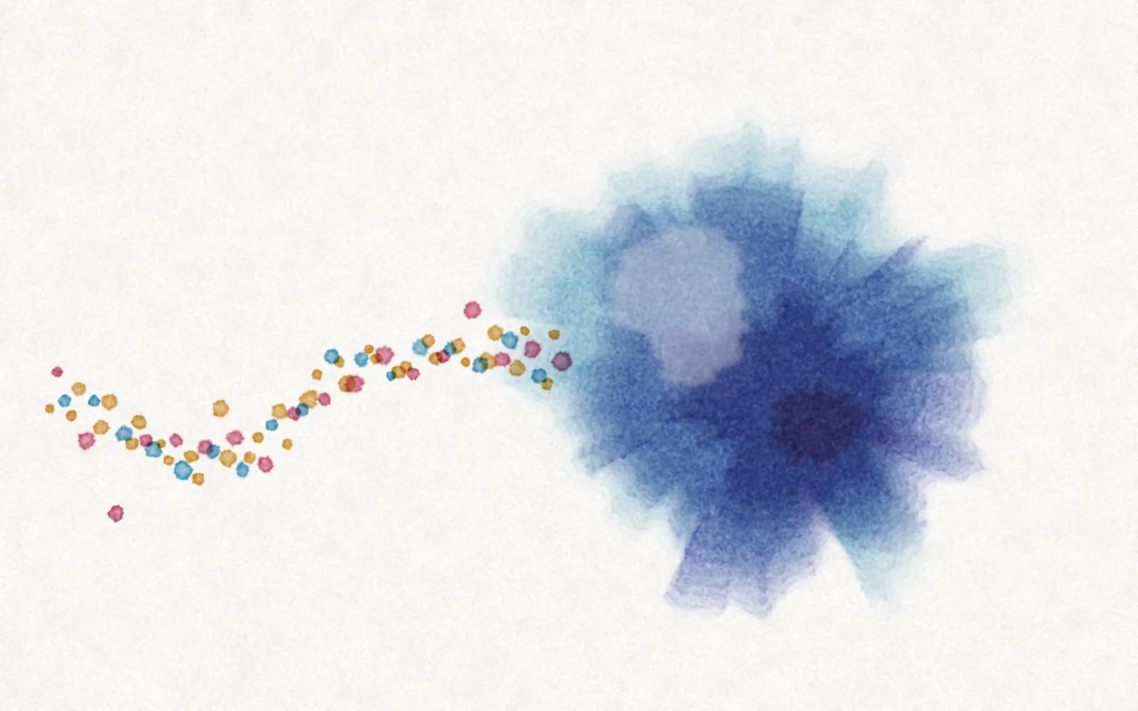 Watercolor: a trail of small colorful dabs flowing into a large blue blob